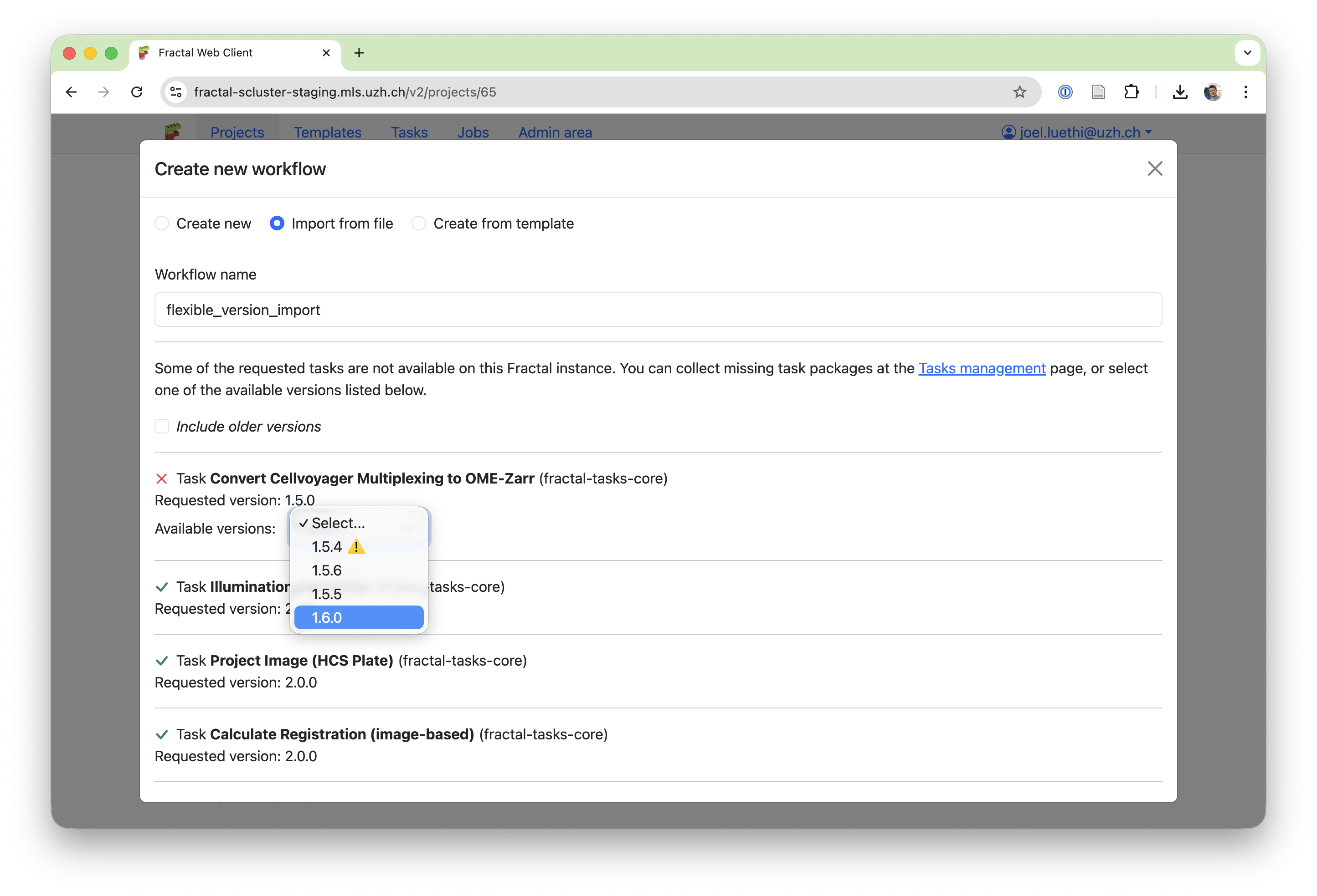 Improved workflow import UI